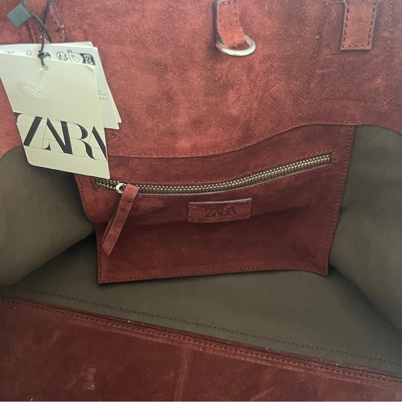 Zara large Suede Tote bag burgundy genuine leather travel office work trendy - Picture 8 of 14